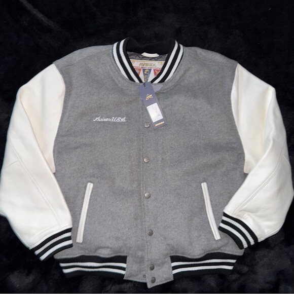 Avirex Leather Sleeve Varsity Jacket Coat Grey White Black Men Size XX-Large